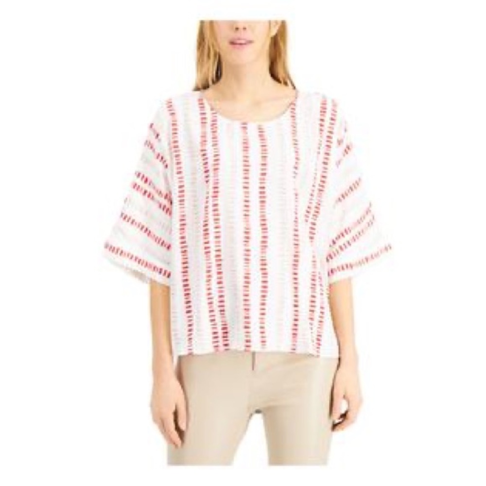 Alfani Red Printed Kimono Sleeves Scoop Neck Top Sz M Casual Travel Office